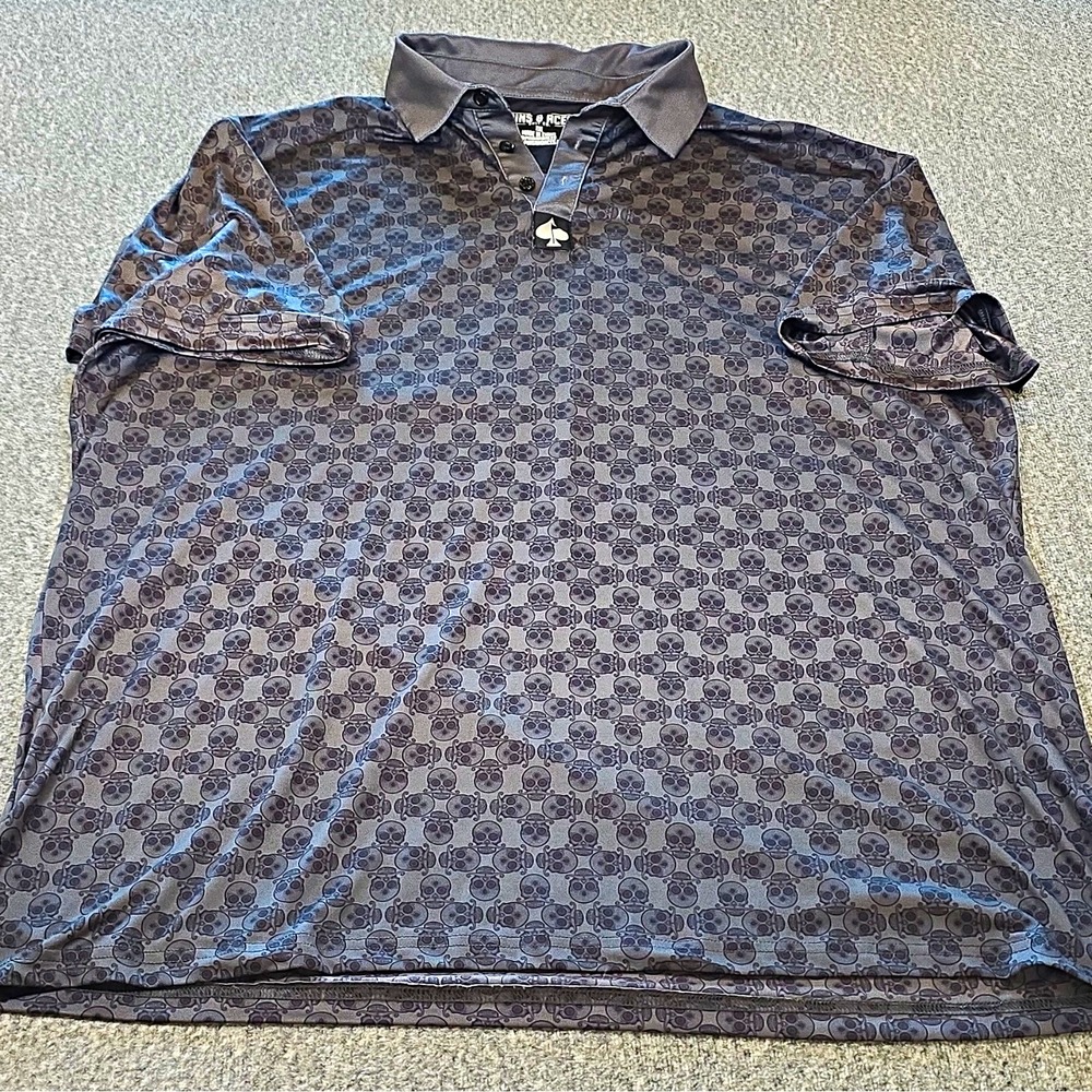 Pins & Aces Men's 2XL Gray/Black Skull Graphic Polo Short Sleeve Lightweight